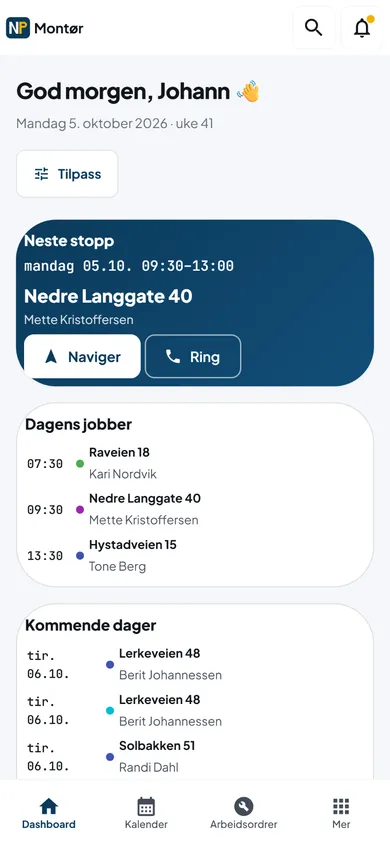 Montør-appen på mobil med dagens jobber og neste stopp